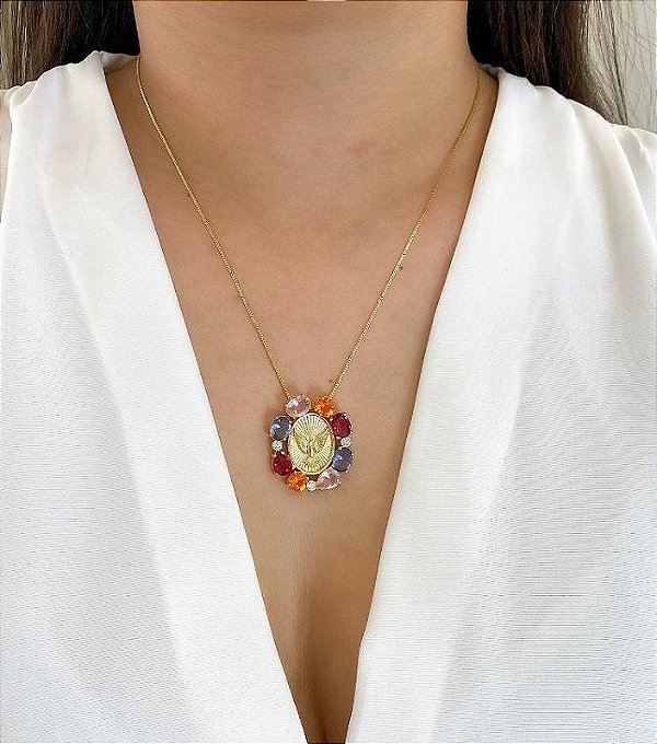 Colar Mandala  Espirito Santo Zircônias Coloridas banhado a ouro 18k