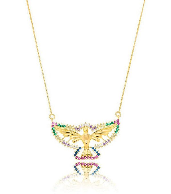 Colar Espírito Santo 40cm Zircônias Coloridas Folheado a Ouro18k
