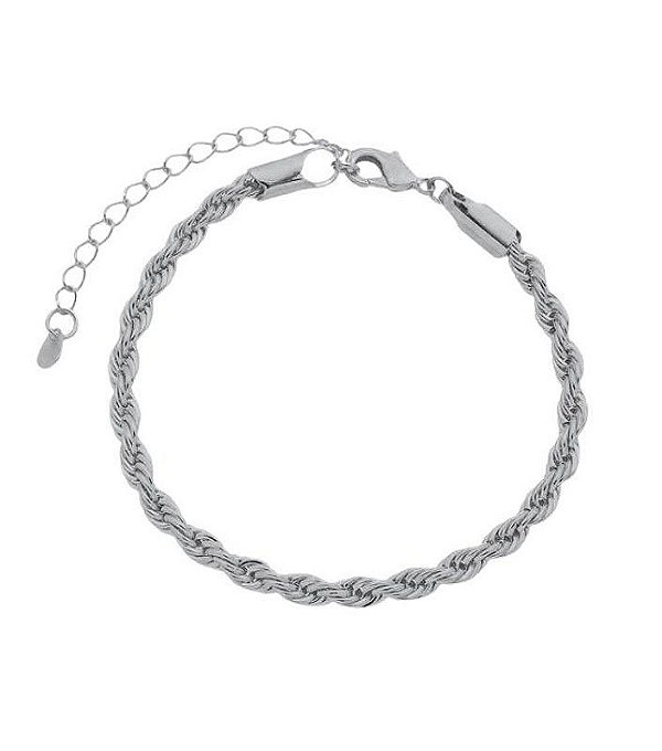 Pulseira Prateada Cordão Baiano 4mm Banhada a Ródio Branco