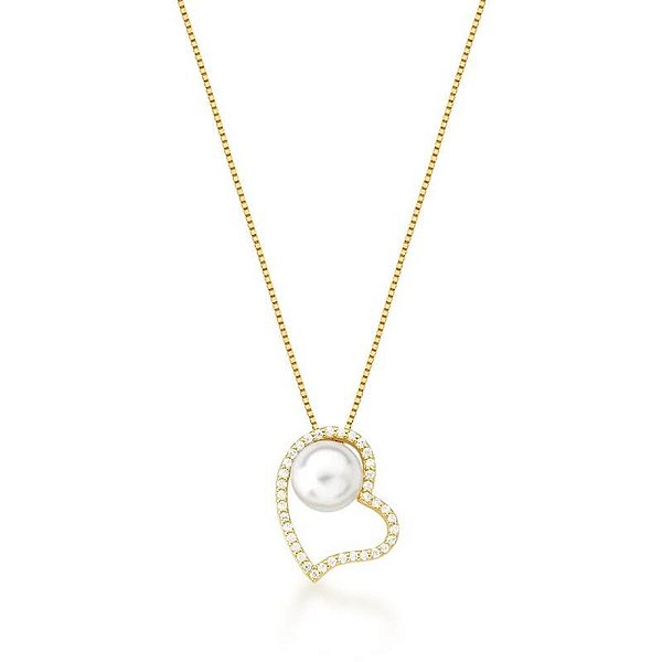 Colar Pingente Coração Perola Banhado Ouro18k