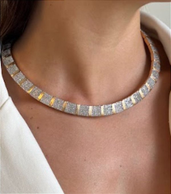 Colar Fosco Cravejado Zircônias Banho Ouro 18k