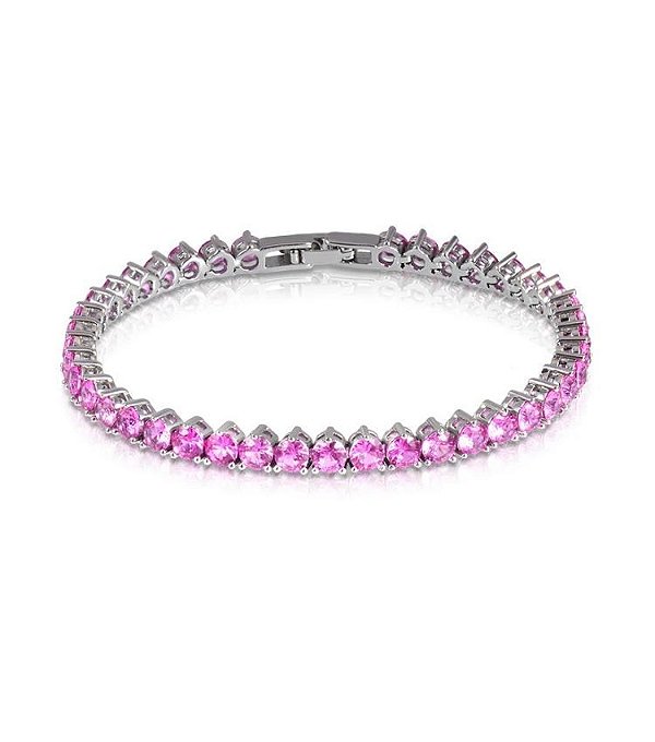 Pulseira Riviera Zircônias Rosa Ródio Branco 3 Pontas
