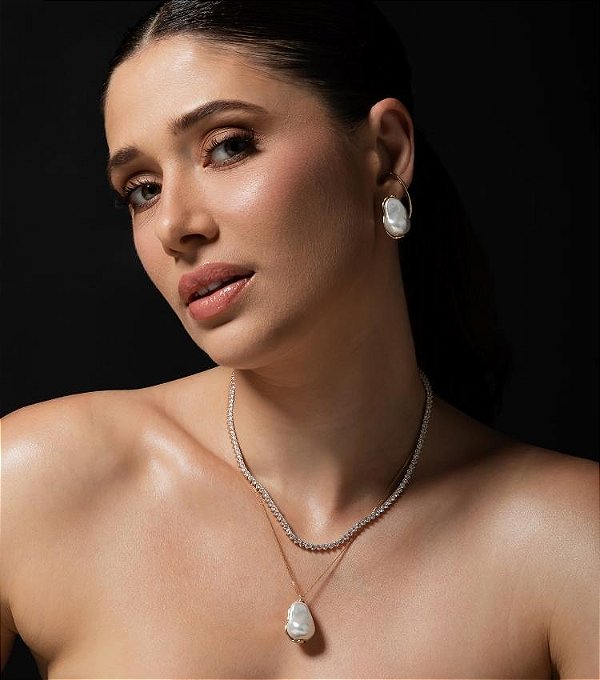 Conjunto Brinco e Colar Pérola Orgânica Banho Ouro 18k