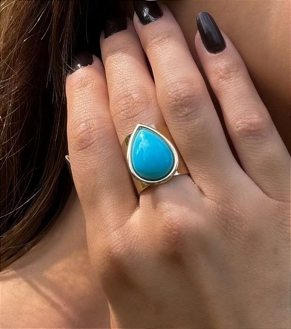 PRÉ VENDA Anel Largo Gota Turquesa Banhado Ouro 18k