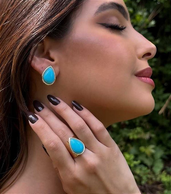 Brinco Gota Resina Turquesa Banhado Ouro 18k