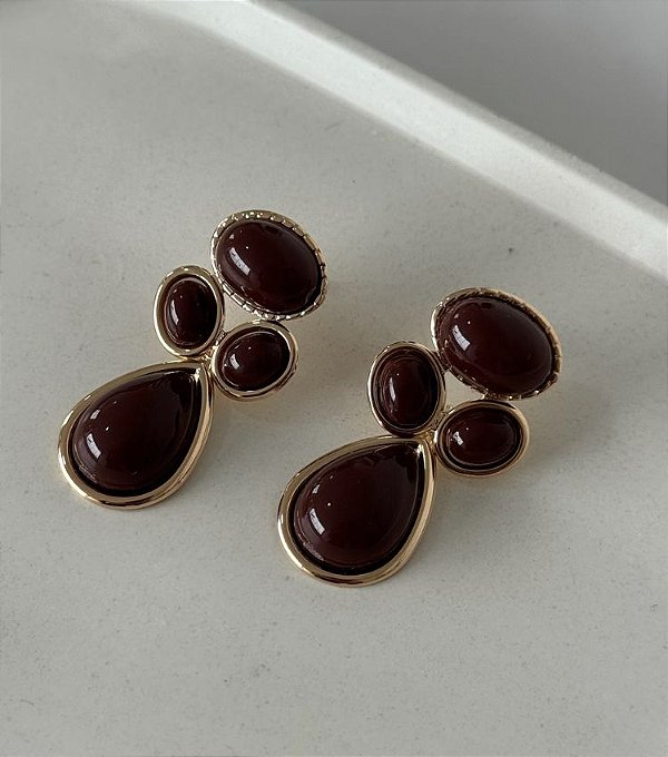 Brinco Gota Marrom Banhado Ouro 18k