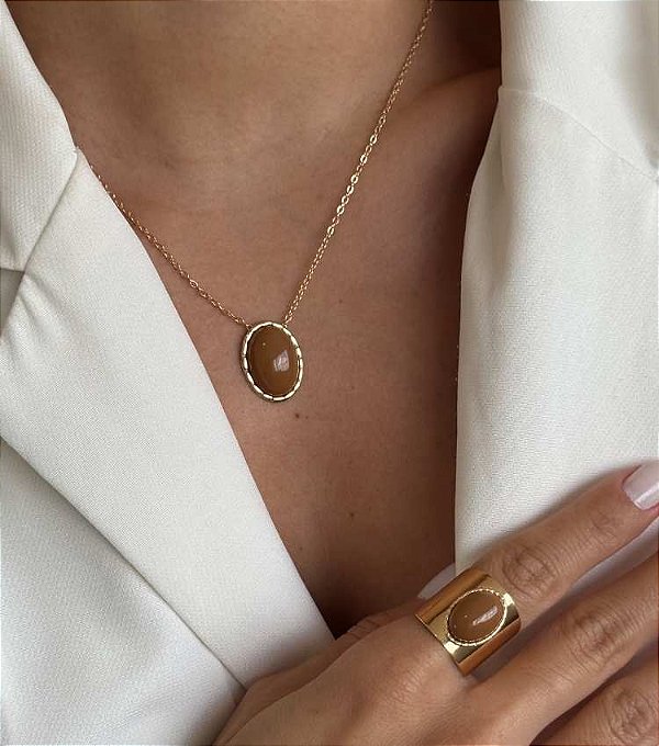 Colar Oval Caramelo Banhado Ouro 18k