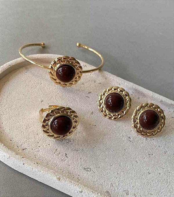Conjunto Brinco Anel e Bracelete Botão Banho Ouro 18k