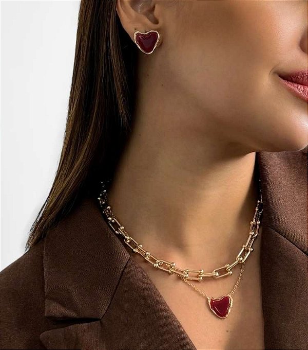 Conjunto Brinco e Colar Coração Banhado Ouro 18k