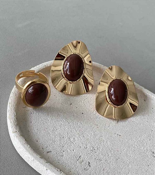 PRÉ-VENDA Conjunto Brinco e Anel Orgânico Marrom Banho Ouro 18k