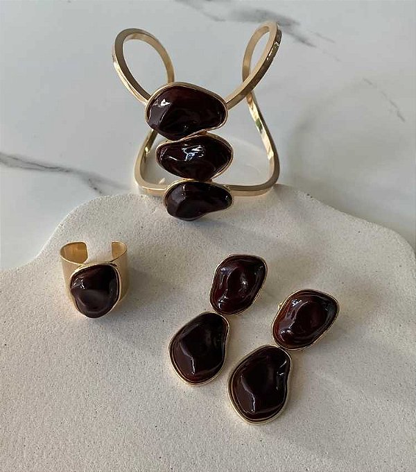 Conjunto Brinco Anel e Bracelete Orgânico Banho Ouro 18k
