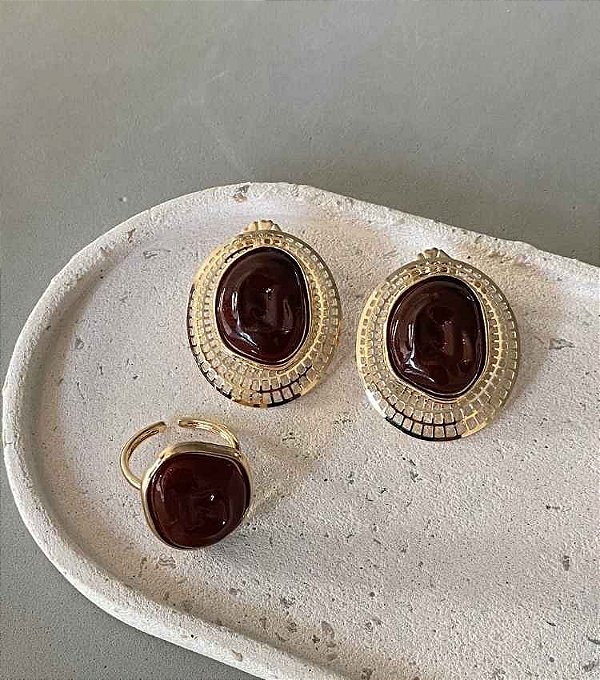 Conjunto Brinco e Anel Orgânico Marrom Banho Ouro 18k