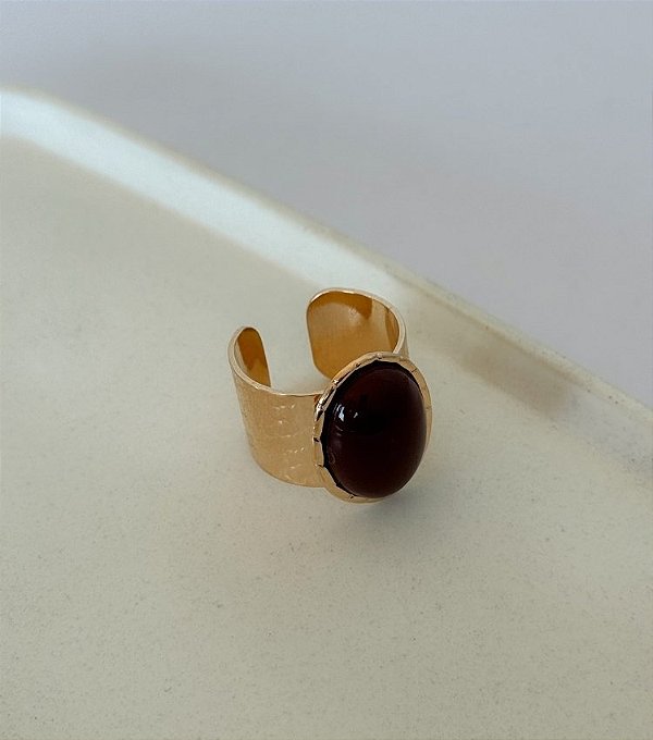 Anel Largo Marrom Banhado Ouro 18k