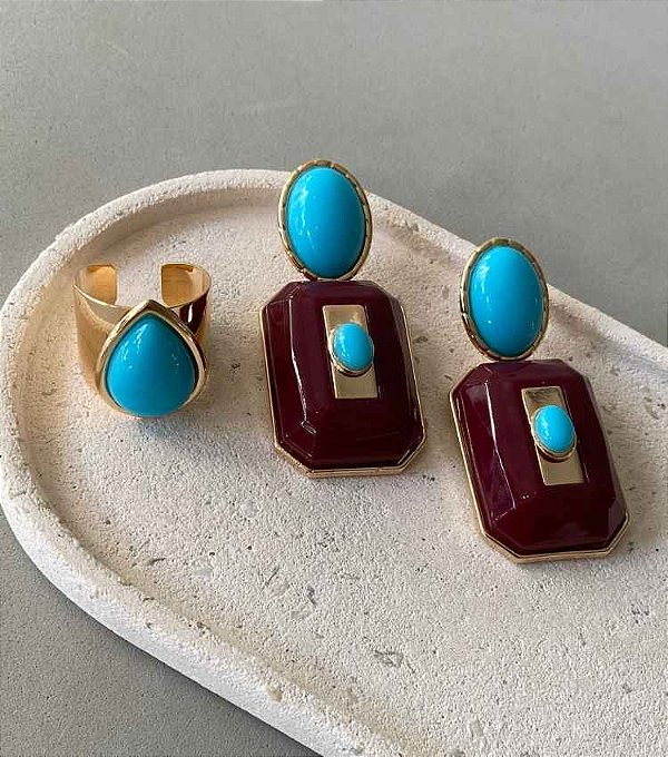 Conjunto Brinco e Anel Borgonha e Turquesa Banho Ouro 18k