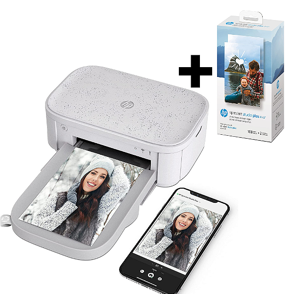 Impressora Fotográfica HP Sprocket Studio Plus Wi-Fi + Kit (108 Folhas 4x6” + 2 Cartuchos) ․˯