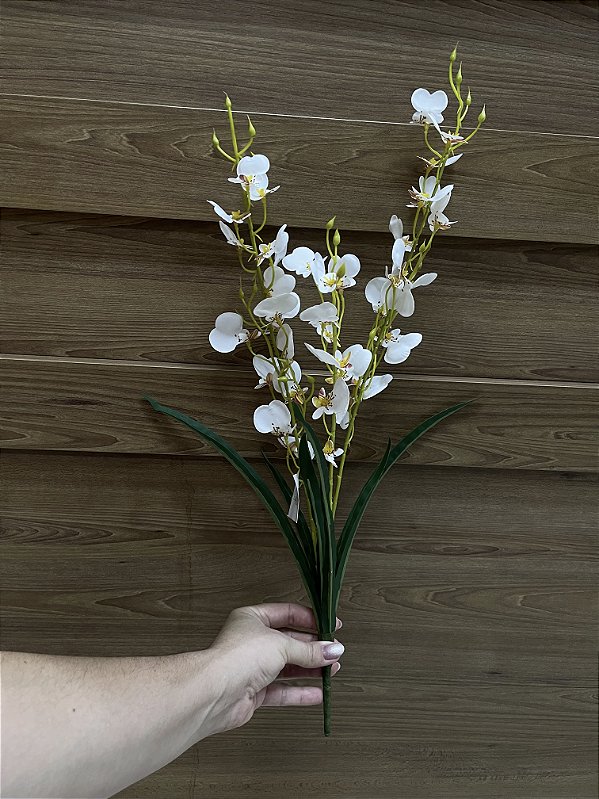 Buquê de Orquídea Chuva de Ouro Branca Silicone com Folhas