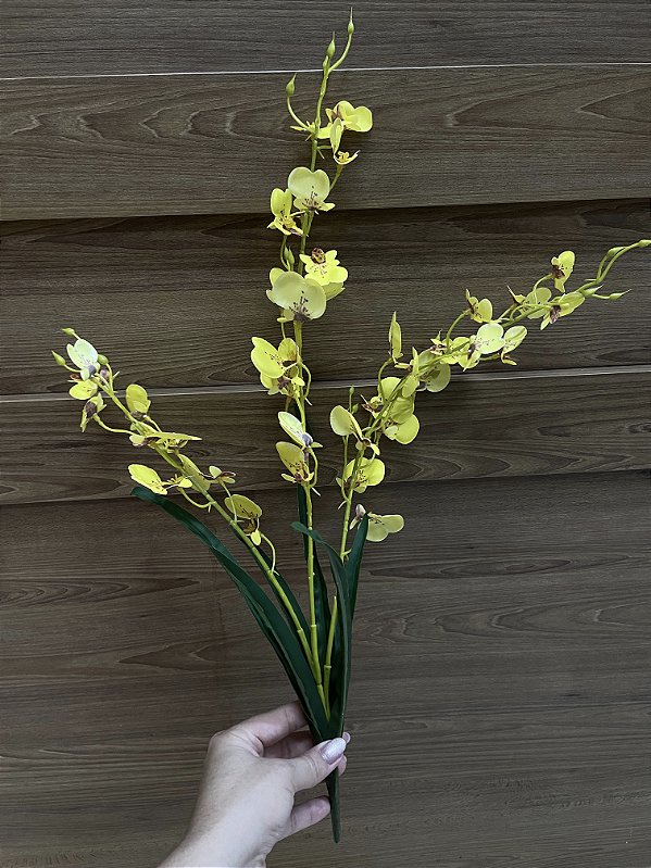Buquê de Orquídea Chuva de Ouro Amarela Silicone com Folhas