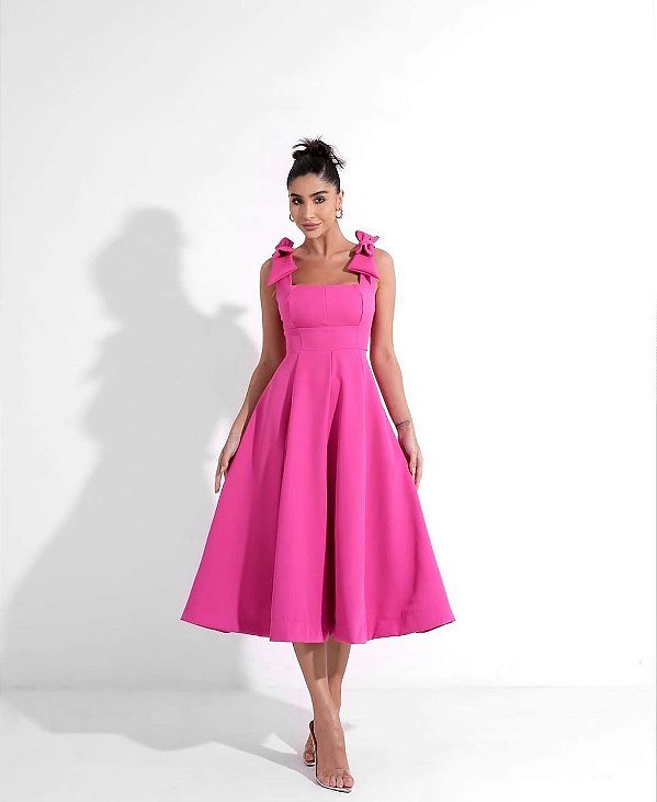 Vestido Midi Rosa Pink com Laço Louise