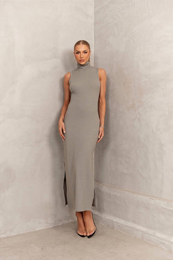 Vestido Midi com Gola Alta Ribanna