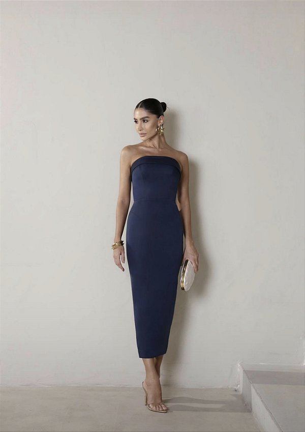 Vestido Midi Azul Marinho Tomara que Caia Talin