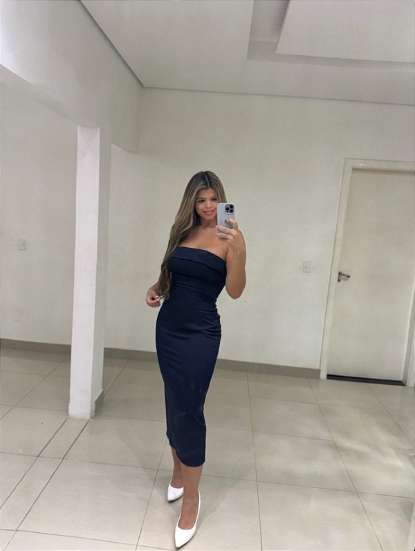 Vestido Midi Azul Marinho Tomara que Caia Talin