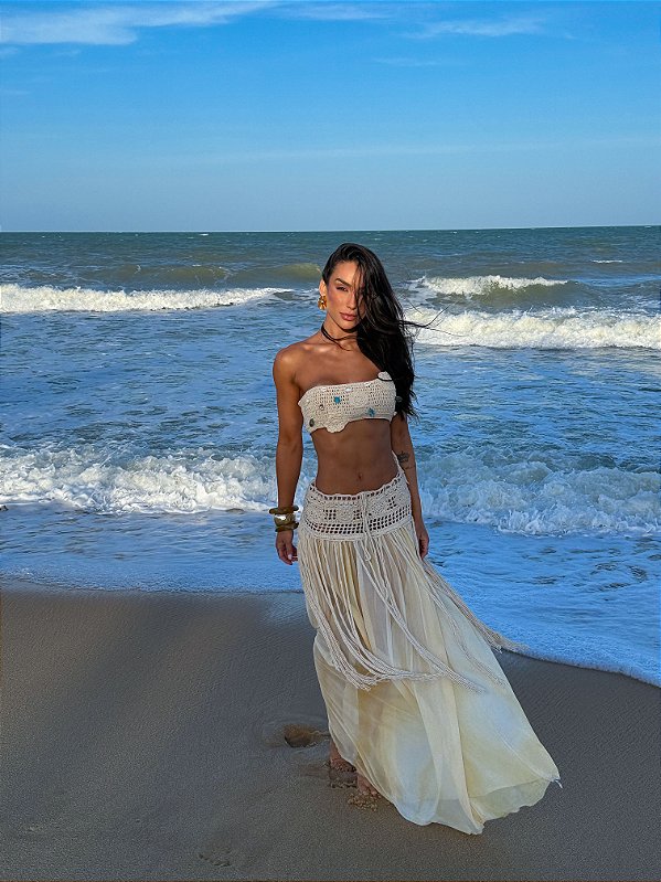 Conjunto de Cropped em Croche e Saia Longa Amarelo Maldivas