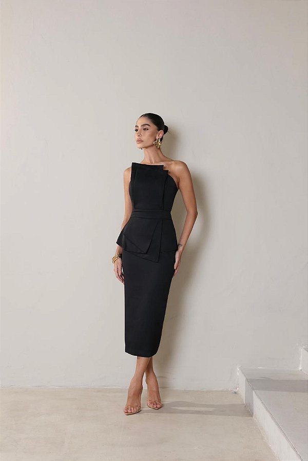 Vestido Midi tomara que caia Alfaiataria Mônaco