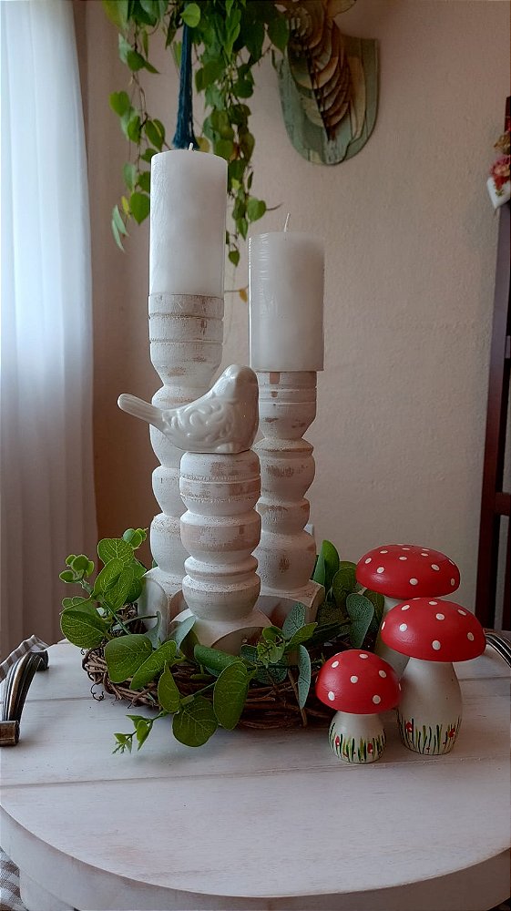 Trio Castiçais Torneados - Branco Desgastado