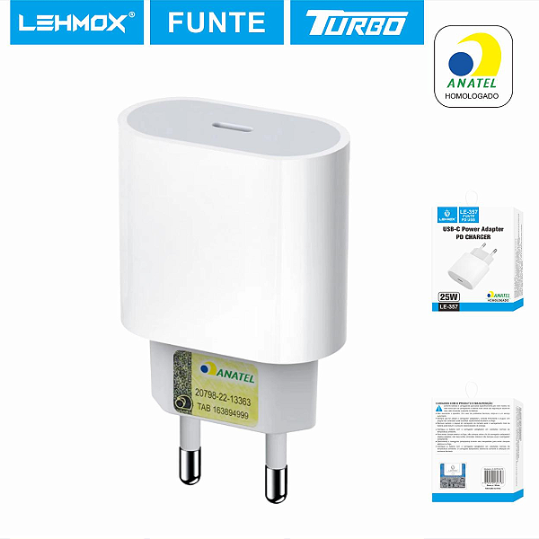 Carregador Turbo 20W Lehmox LE-357 Compatível com iPhones, iPads e iPods