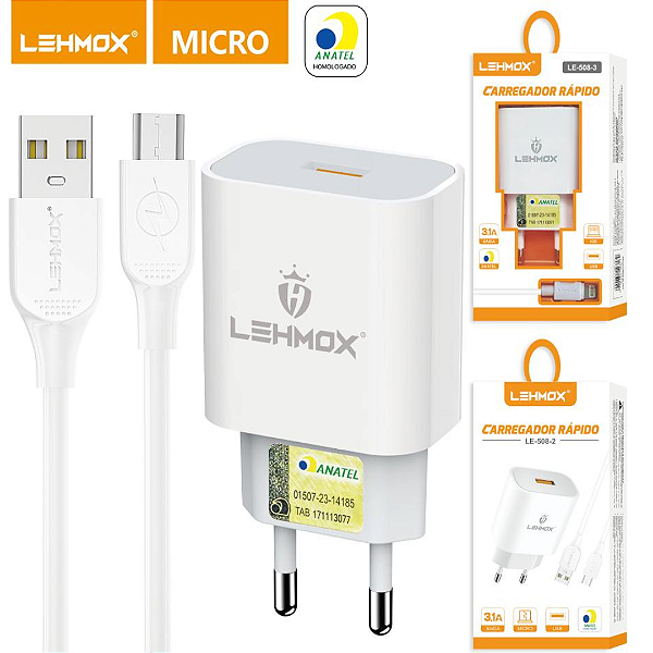 Carregador Rápido Lehmox 3.1A Micro USB V8 - Carregamento Eficiente e Seguro