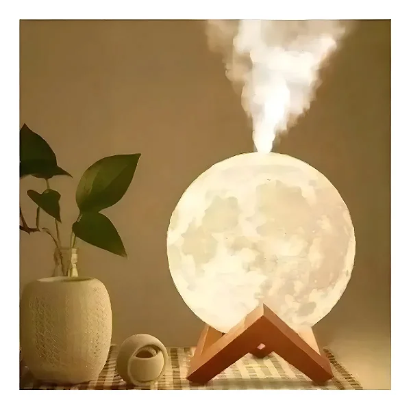 Luminária Lua Cheia 3 em 1 – Abajur, Umidificador e Aromatizador com Base em Madeira