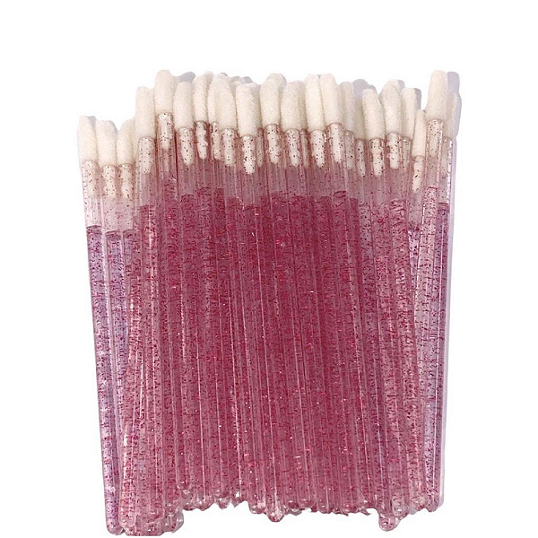 50 Pincel Aplicador Descartável Batom Gloss Limpeza Cílios (rosa transparente com gliter ou rosa normal)