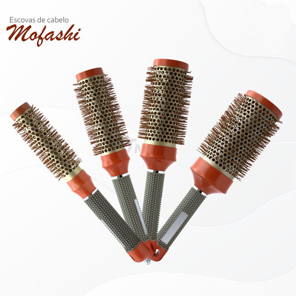 Kit 4 Escovas Térmicas Vazadas Laranja e Cinza Profissional Metalizada MOFASHI (N°25;N°32;N°43;N°53)