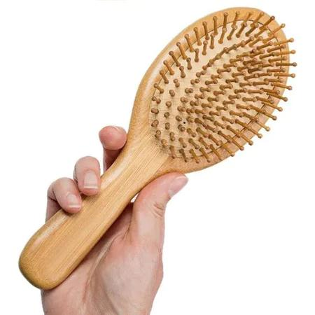 Escova Madeira pequena redonda de Bamboo - Raquete Pentear Desembaraçar Anti Frizz