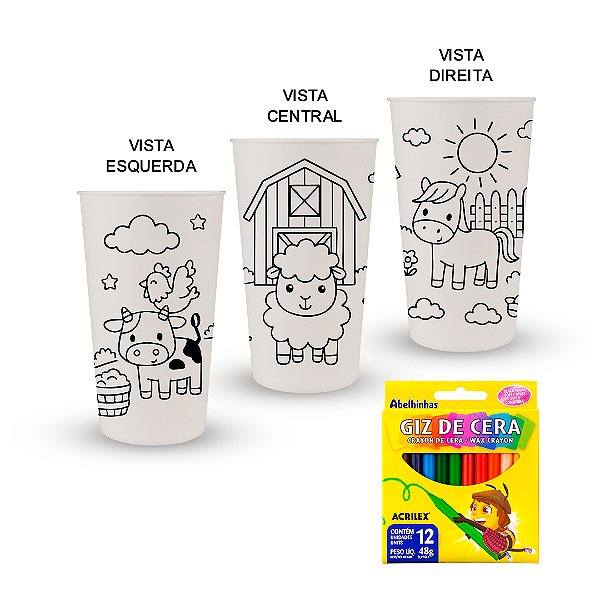 Kit Copos Eco para Pintar Fazendinha – Copos + Caixinha com 12 Gizes