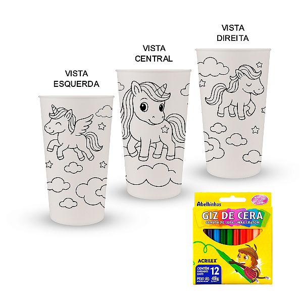 Kit Copos Eco para Pintar Unicórnio – Copos + Caixinha com 12 Gizes