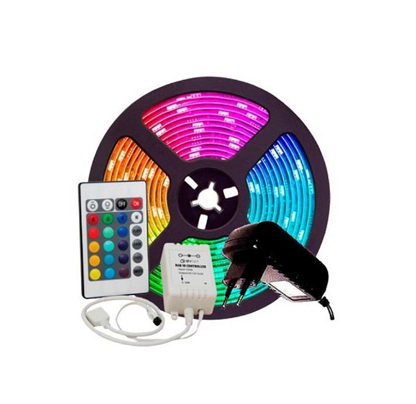 Fita de led rgb com controle 5mts com fonte e controle
