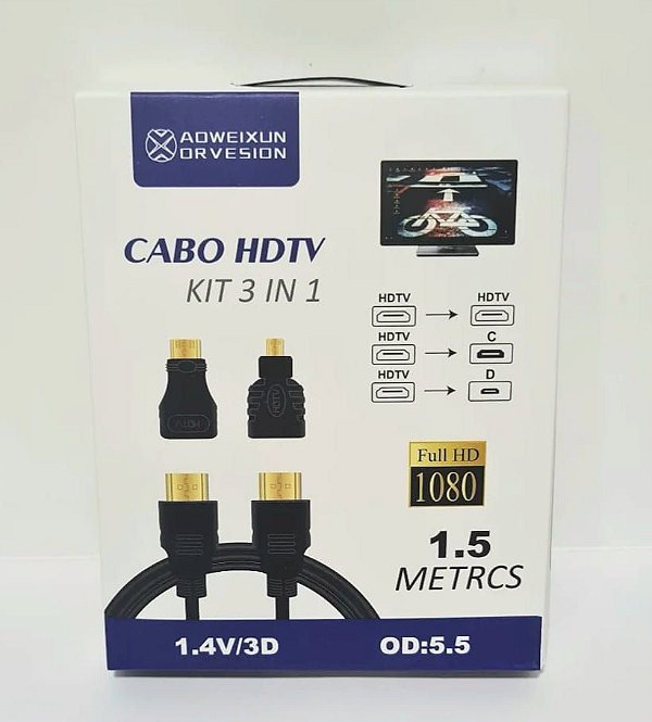 Cabo hdtv kit 3 em 1 hdmi 1.4 1,5 mt