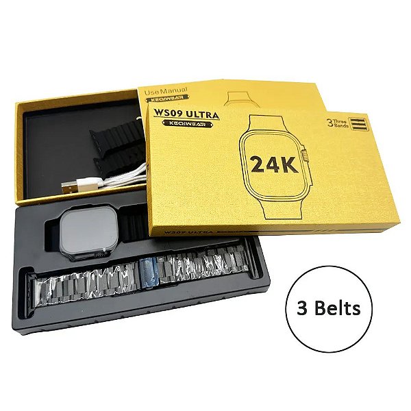 Relogio smartwacht digital ws09 ultra 24k keqiwear 3 pulseiras