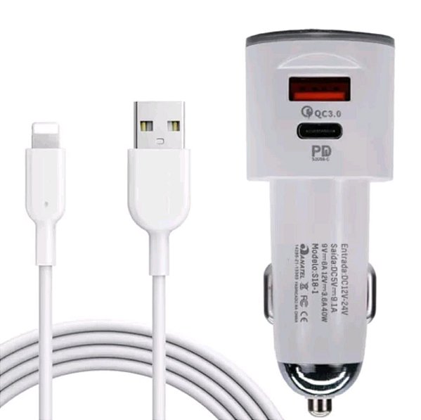 Kit carregador de celular ios veicular 20w usb-c para iphone