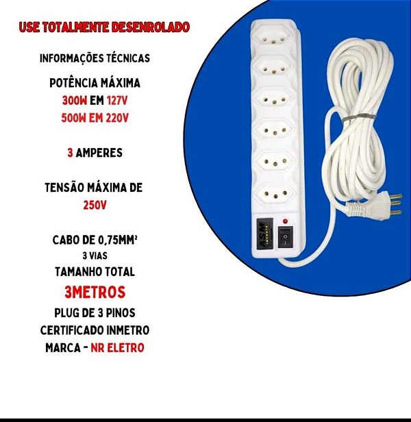 Filtro de libnha extensao eletrica 6 tomadas 2 mts