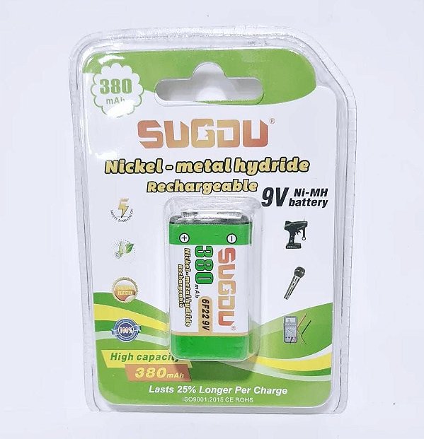 Pilha bateria recarregavel 9v sugou 380mah