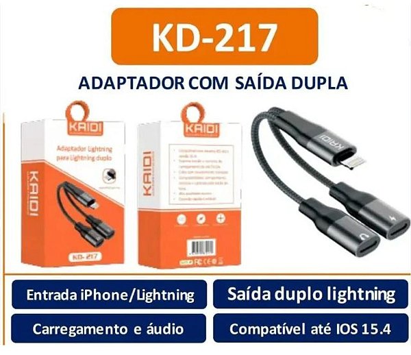 Adaptador lightning para lightning duplo fone e carregador 1x2 kd-217