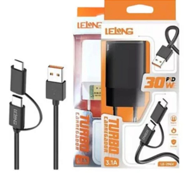 Caregador de celular turbo 30w 3.1a 2 em 1 tipoc/v8 le-297cv
