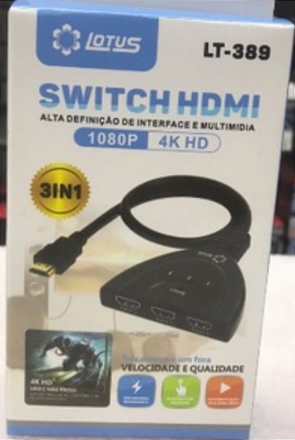 Switch hdmi 3 em 1 1080p 4k lotus lt-389
