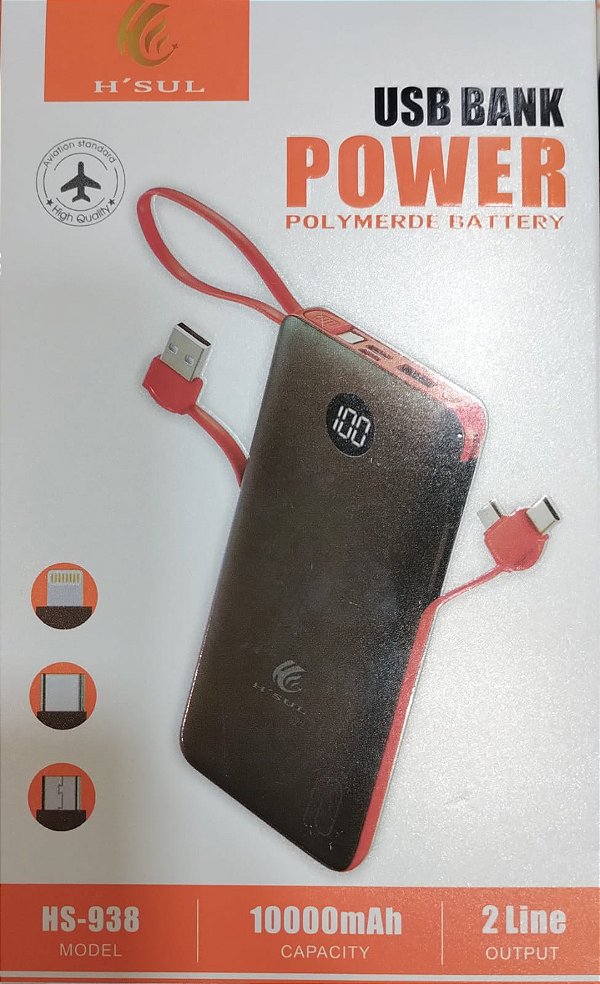Bateria carregador portatil power bank 10000mah h'sul hs-938