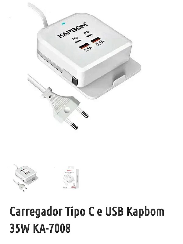 Carregador power socket 35w usb-c tipo c 2usb kapbom ka-7008