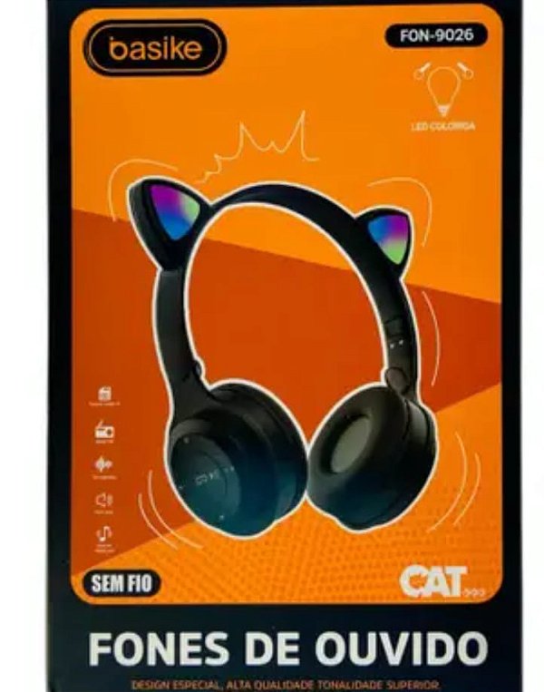 Fone de ouvido bluetooth gatinho led basike fon-9026