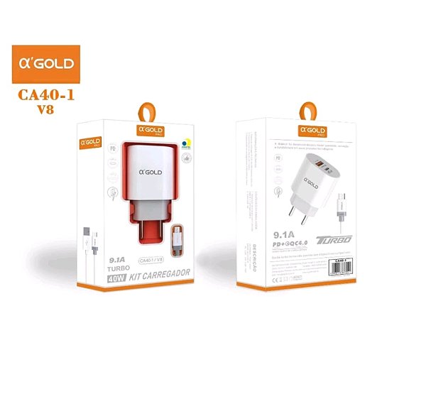 Carregador de celular turbo 40w 2 entradas usb/tipoc para v8