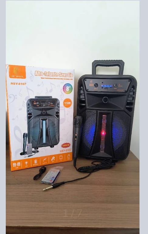 Caixa de som com microfone bluetooth/tf/usb/aux recarregavel 15w h'sul hsy-8107